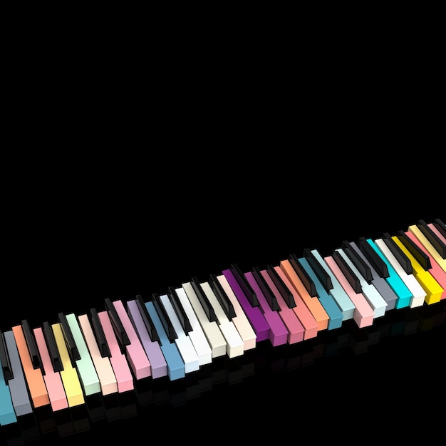 Multi colored piano keys against black background