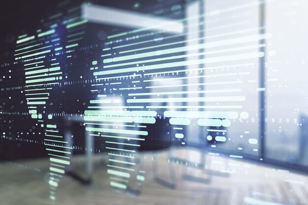 Multi eksponering af abstrakt grafisk verdenskort og moderne skrivebord med computer på baggrund af forbindelses- og kommunikationskoncept