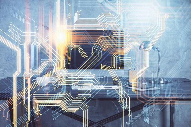 Multi eksponering af bord med computer og verdenskort hologram Internationalt datanetværk koncept