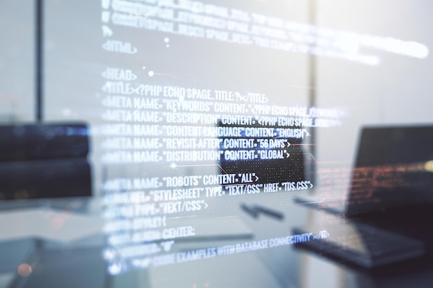 Multi exposure of abstract creative coding sketch and modern desktop with computer on background artificial intelligence and neural networks concept