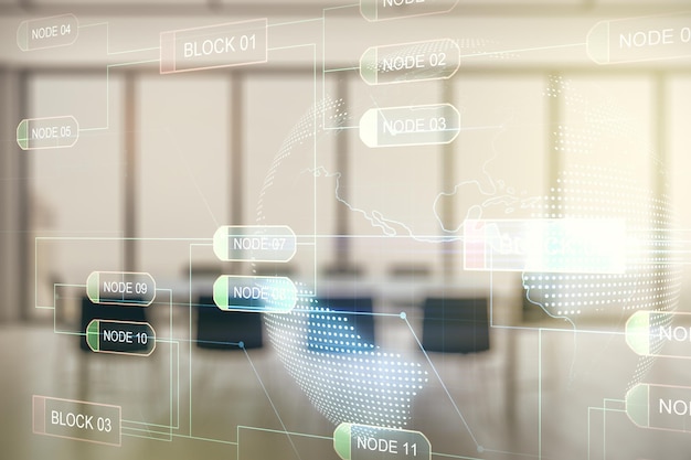 Multi exposure of abstract creative coding sketch and world map on a modern conference room background artificial intelligence and neural networks concept
