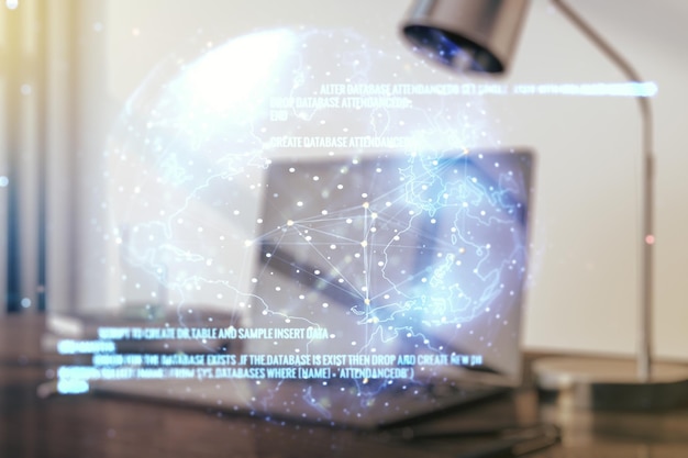 Multi exposure of abstract creative coding sketch with world map on modern laptop background artificial intelligence and neural networks concept