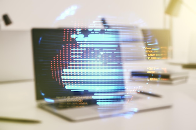 Multi exposure of abstract creative coding sketch with world map on modern laptop background artificial intelligence and neural networks concept
