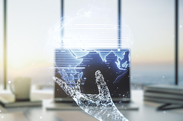 Multi exposure of abstract creative digital world map on laptop background research and analytics concept