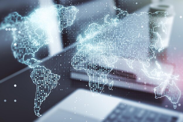 Multi exposure of abstract creative digital world map on modern laptop background tourism and traveling concept