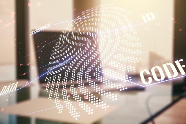 Multi exposure of abstract creative fingerprint illustration on modern laptop background digital access concept