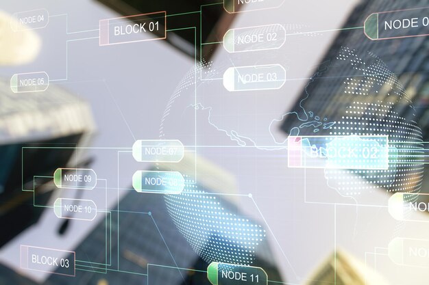 Multi exposure of abstract graphic coding sketch and world map on modern architecture background big data and networking concept
