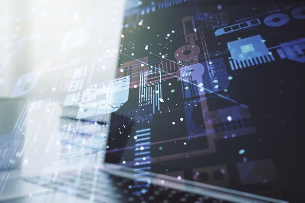 multi exposure of abstract graphic coding sketch on modern computer background big data and networking concept