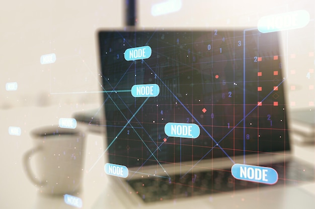 Multi exposure of abstract graphic coding sketch on modern computer background big data and networking concept