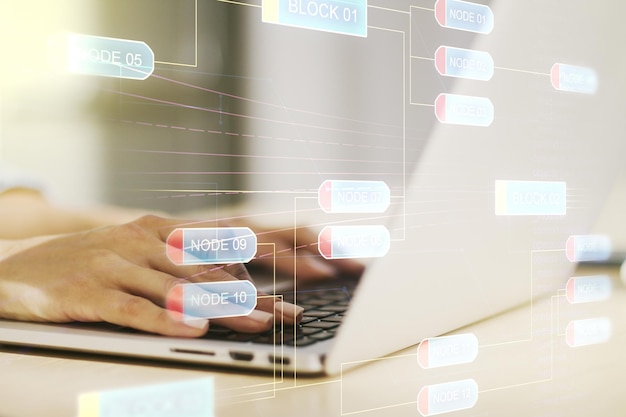 Multi exposure of abstract graphic coding sketch with hands typing on computer keyboard on background big data and networking concept