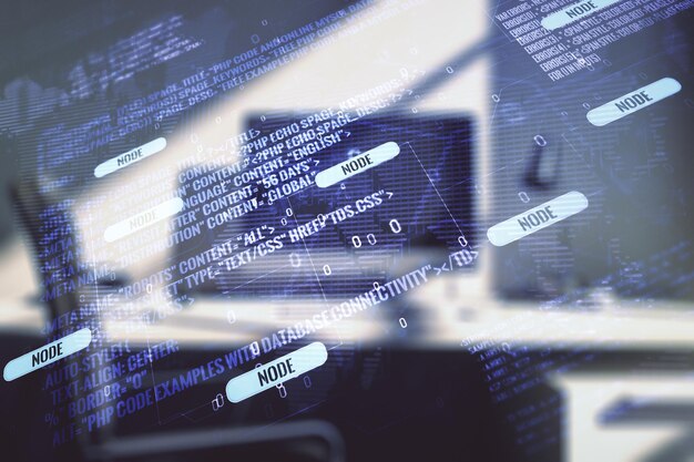 Multi exposure of abstract graphic coding sketch with world map and modern desktop with pc on background big data and networking concept