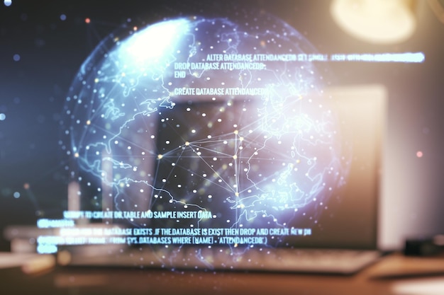 Multi exposure of abstract graphic coding sketch with world map on modern computer background big data and networking concept