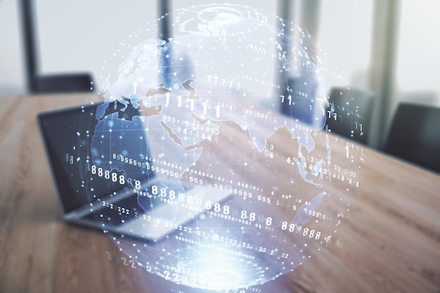 Multi exposure of abstract graphic coding sketch with world map on modern computer background big data and networking concept