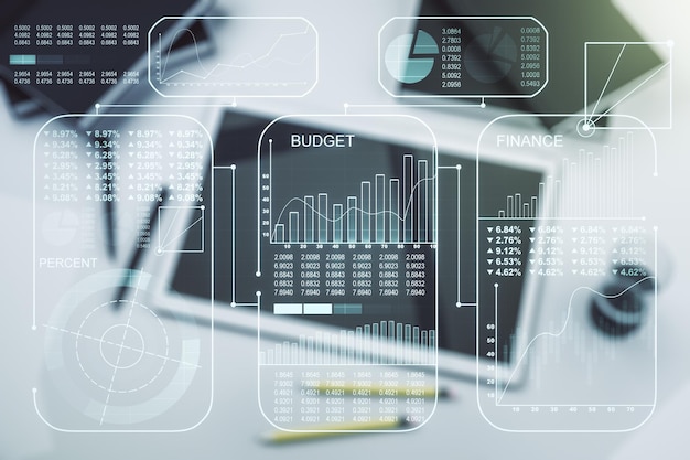 Multi exposure of abstract graphic data spreadsheet sketch and modern digital tablet on desktop on background top view analytics and analysis concept