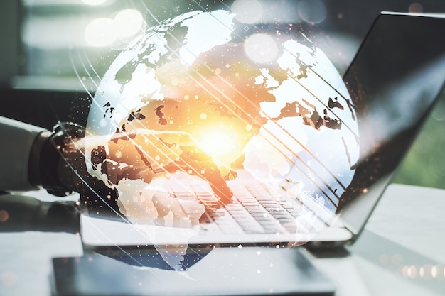 Multi exposure of abstract graphic world map and hands typing on computer keyboard on background big data and networking concept