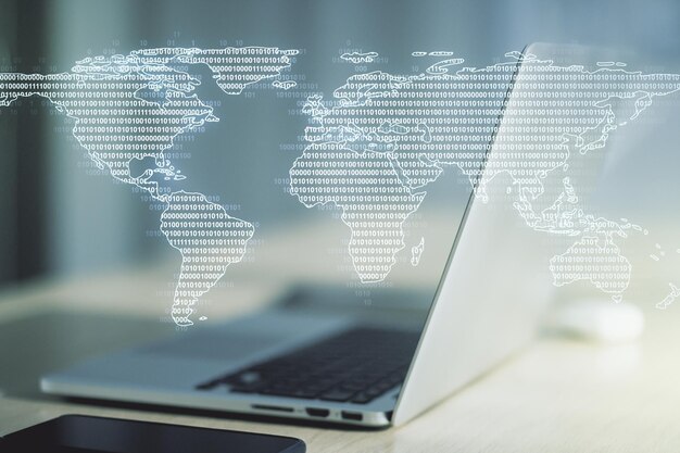Multi exposure of abstract graphic world map on computer background connection and communication concept
