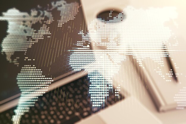multi exposure of abstract graphic world map on modern computer background big data and networking concept