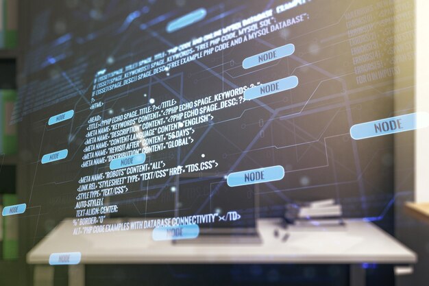 Multi exposure of abstract programming language hologram and modern desk with computer on background artificial intelligence and machine learning concept