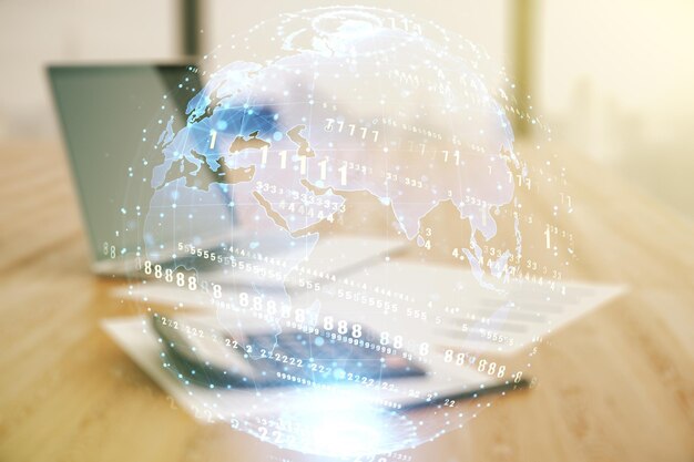 Multi exposure of abstract programming language hologram and world map on calculator and pc background artificial intelligence and neural networks concept
