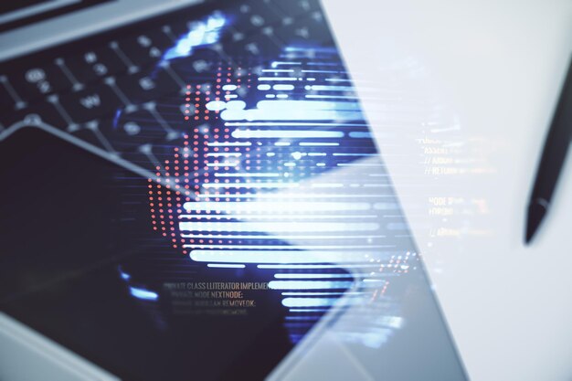 Multi exposure of abstract programming language hologram with world map on computer background artificial intelligence and neural networks concept