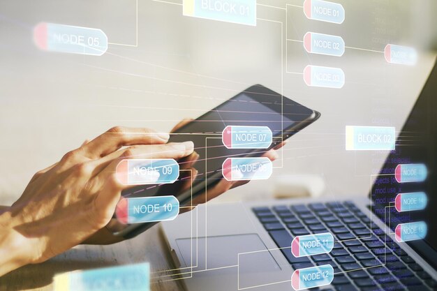 Multi exposure of abstract software development hologram and finger presses on a digital tablet on background research and analytics concept