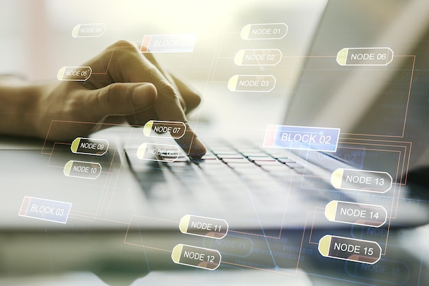 multi exposure of abstract software development hologram and hands typing on computer keyboard on background research and analytics concept