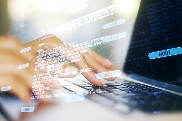 Multi exposure of abstract software development hologram and hands typing on computer keyboard on background research and analytics concept