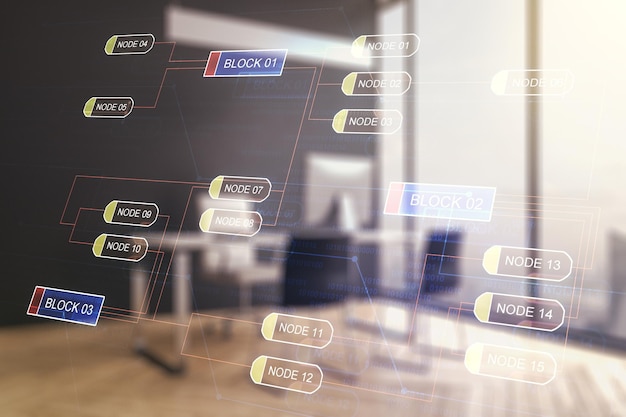 multi exposure of abstract software development hologram and modern desktop with laptop on background research and analytics concept