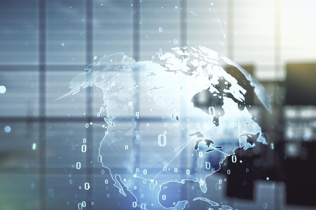 multi exposure of abstract software development hologram and world map on a modern meeting room background global research and analytics concept