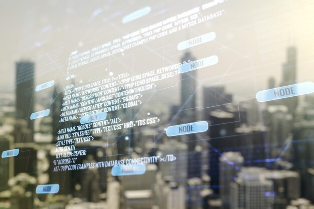 Multi exposure of abstract software development hologram on blurry cityscape background research and analytics concept