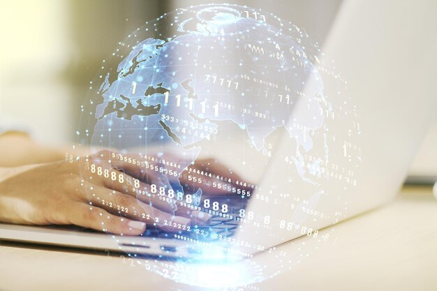 Multi exposure of abstract software development hologram with world map and hands typing on computer keyboard on background global research and analytics concept