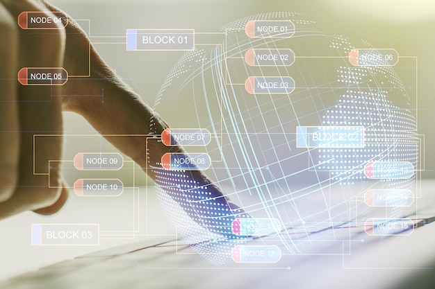 Multi exposure of abstract software development hologram with world map and hands typing on computer keyboard on background global research and analytics concept