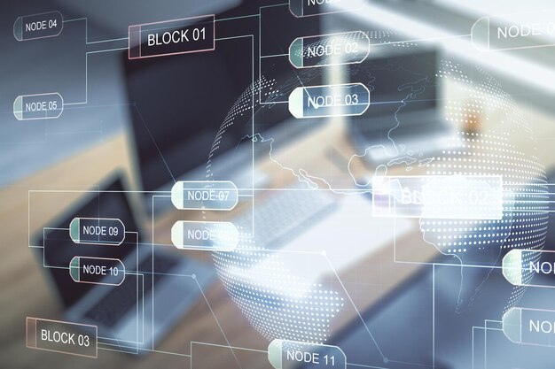 Multi exposure of abstract software development hologram with world map and modern desktop with laptop on background global research and analytics concept