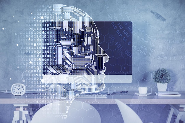 Multi exposure of brain drawing and office interior background Concept of data technology