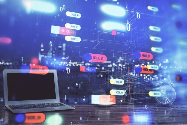 multi exposure of computer on background and technology theme drawing concept of innovation