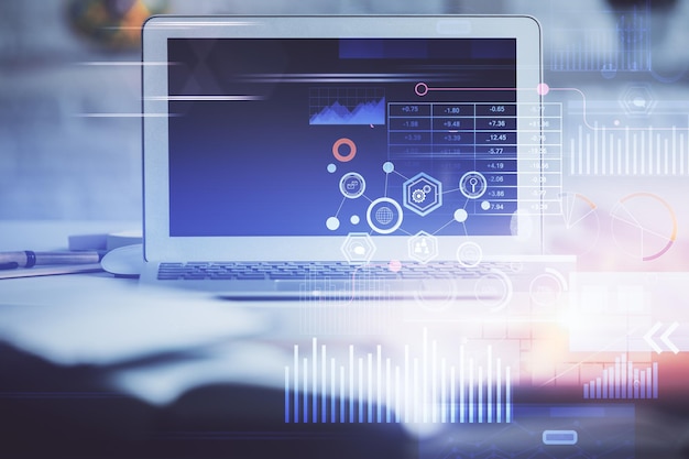 multi exposure of desktop computer and technology theme hologram concept of software development