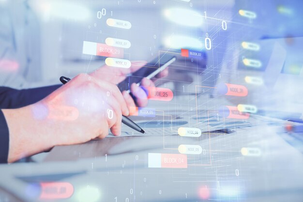 multi exposure of mans hands holding and using a digital device and data theme drawing innovation concept
