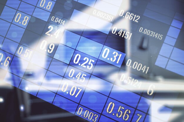 multi exposure of stats data illustration and modern desktop with computer on background computing and analytics concept