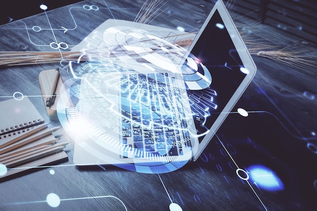 Multi exposure of table with computer on background and data theme drawing Concept of innovation