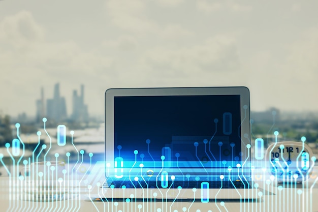 Multi exposure of table with computer on background and data theme drawing Concept of innovation