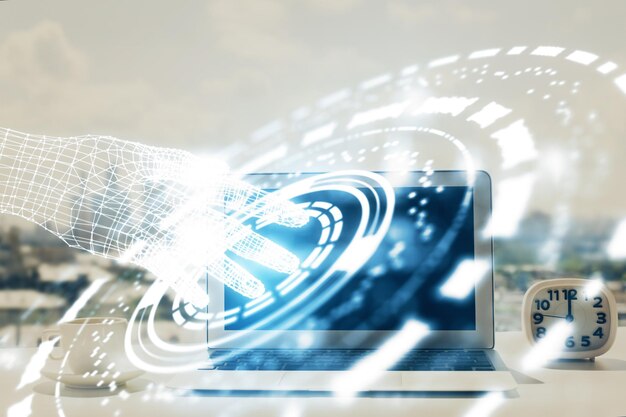 multi exposure of table with computer on background and data theme drawing concept of innovation