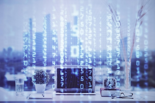 Multi exposure of table with computer on background and data theme drawing Concept of innovation