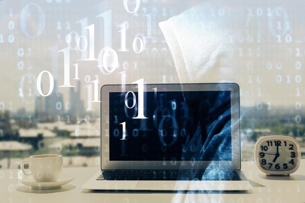 Multi exposure of table with computer on background and data theme drawing Concept of innovation