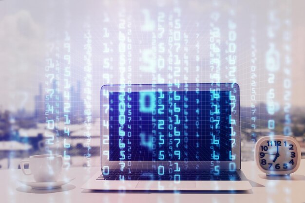 Multi exposure of table with computer on background and data theme drawing Concept of innovation