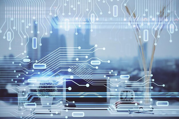 Multi exposure of table with computer on background and data theme drawing Concept of innovation