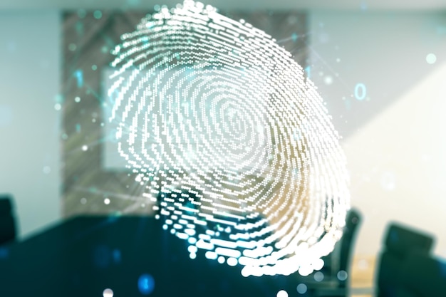 Multi exposure of virtual abstract fingerprint illustration on a modern conference room background digital access concept
