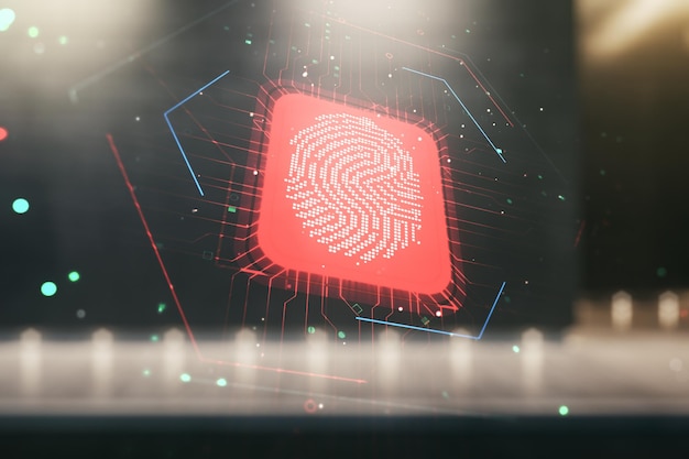 Multi exposure of virtual creative fingerprint hologram on modern business center exterior background personal biometric data concept