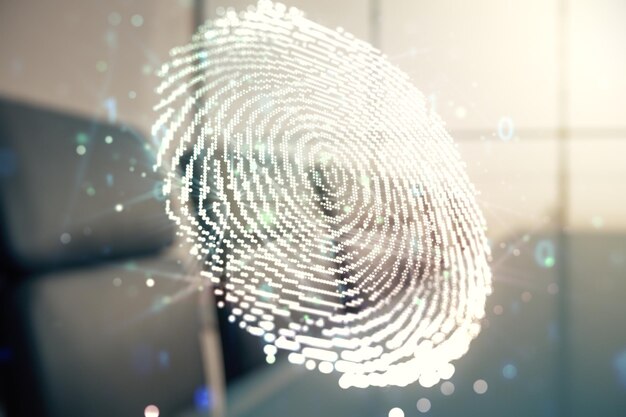 Multi exposure of virtual graphic fingerprint sketch on a modern furnished classroom background fingerprint scan data concept