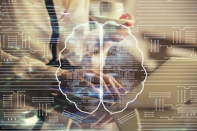 multi exposure of woman hands working on computer and human brain hologram drawing ai tech concept