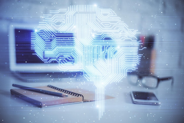 Multi exposure of work space with computer and human brain hologram Brainstorm concept